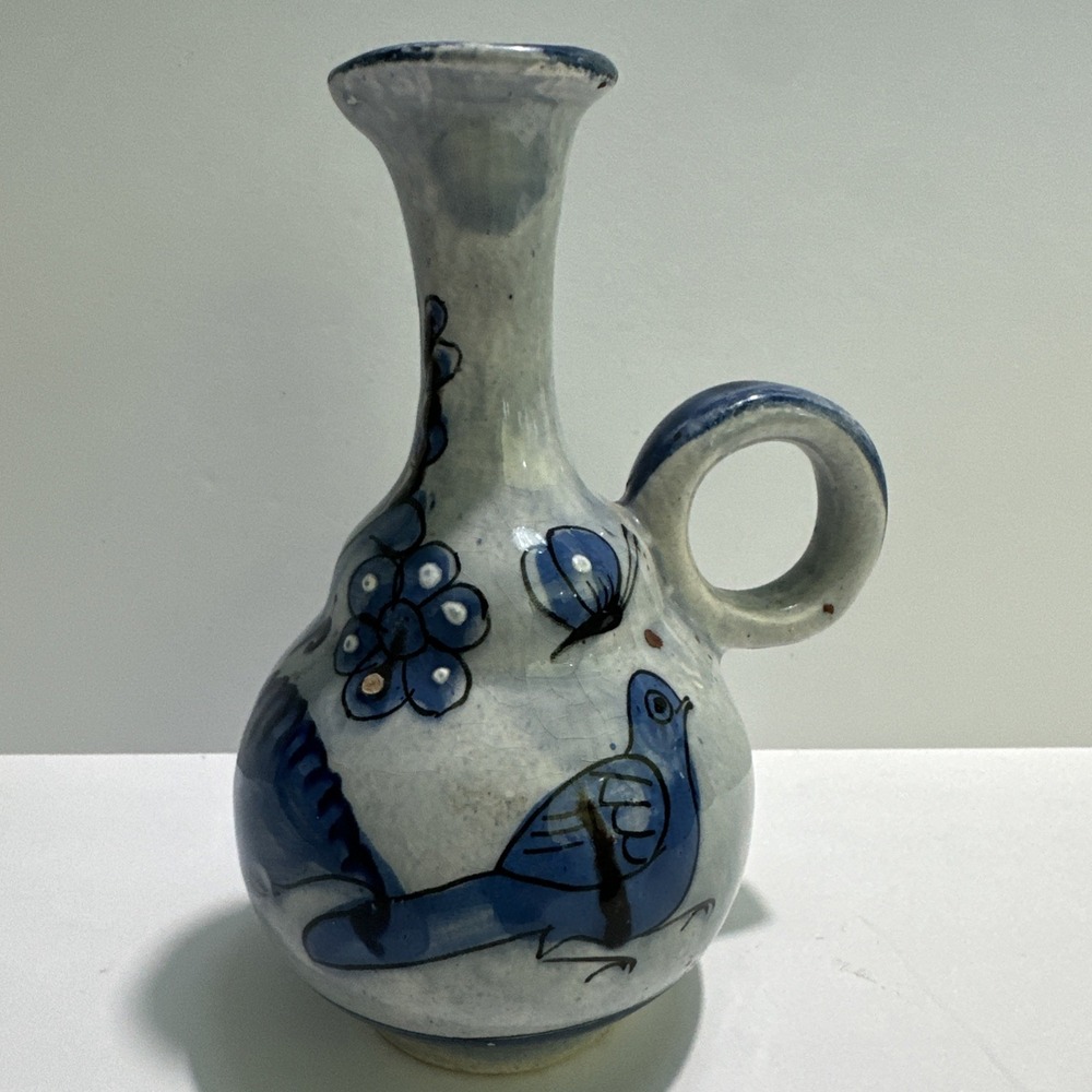 Tonala Mexican Pottery Pitcher Bud Vase Hand Painted Blue Bird Signed Folk Art